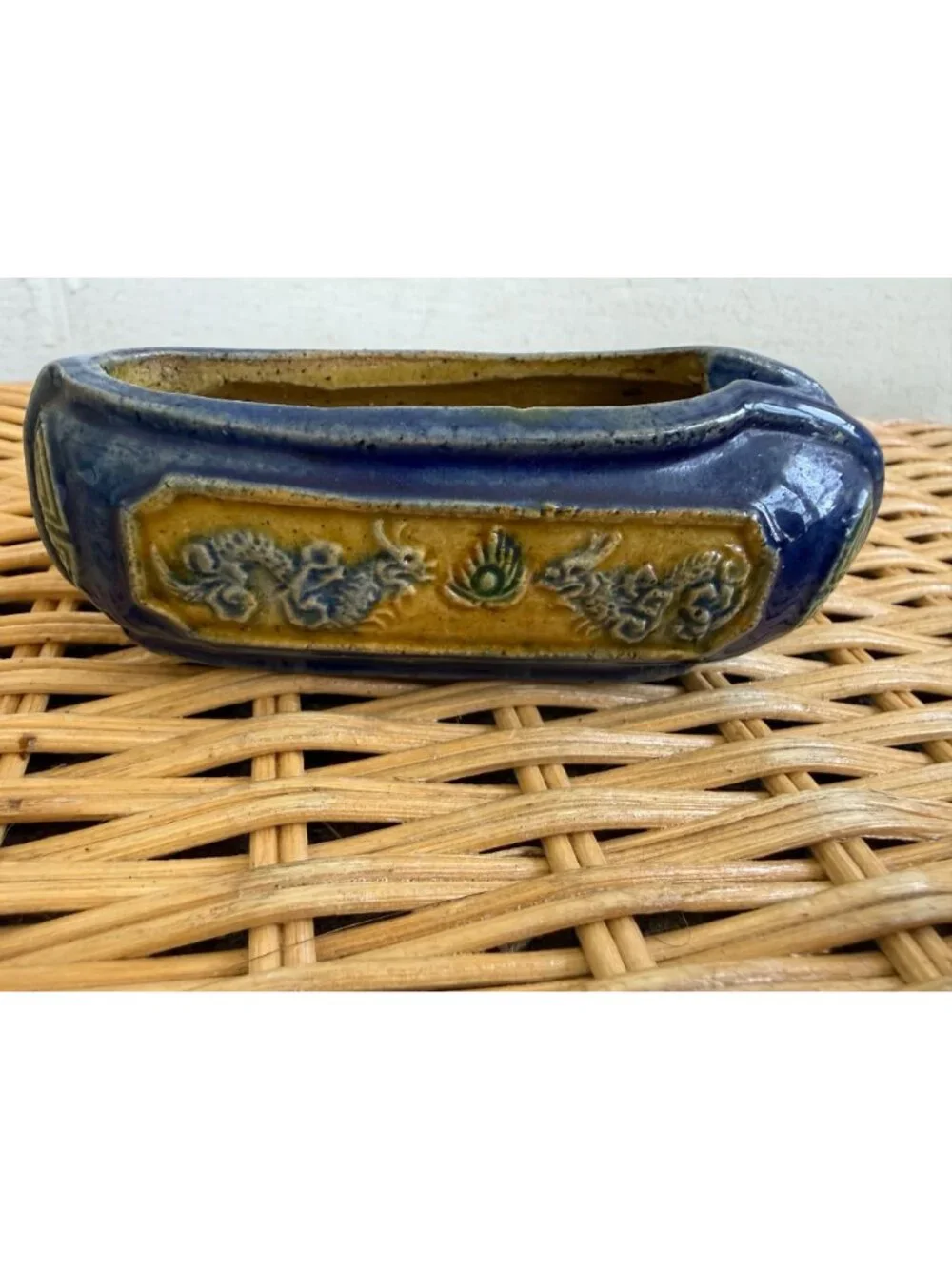 Vintage 1930s Chinese Slipper Shoe AshTray Pottery & brass with enamel